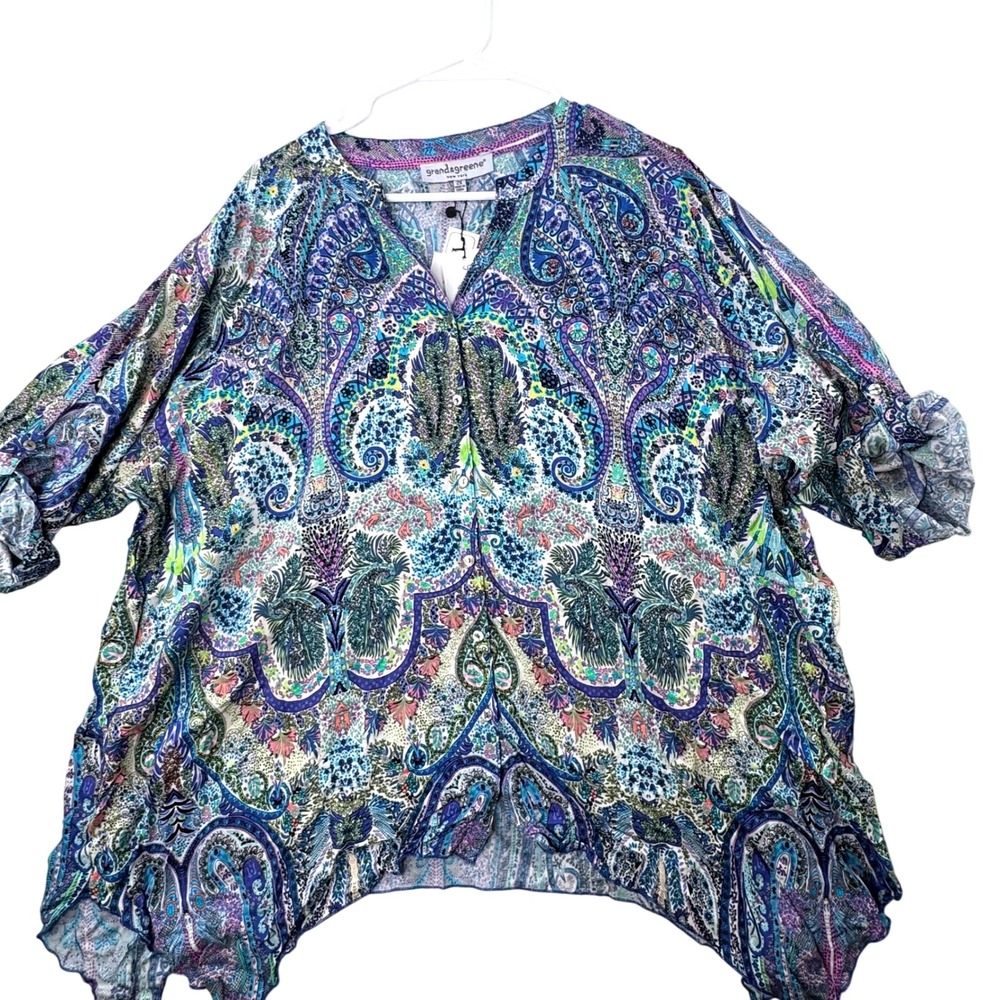 Grand & Greene Paisley Blouse Woman 2X Teal Blue Colorful Boho Sharkbite NWT